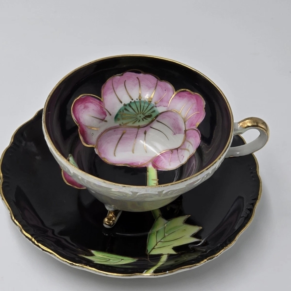 Japan Black Pink Floral Fine Bone China Teacup and Saucer